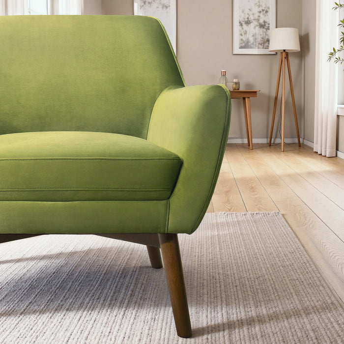Panom MCM Lounge Chair – Boucle or Velvet Upholstered Accent Chair (Modern Mid-Century, Multi-Color Options) in green fabric.