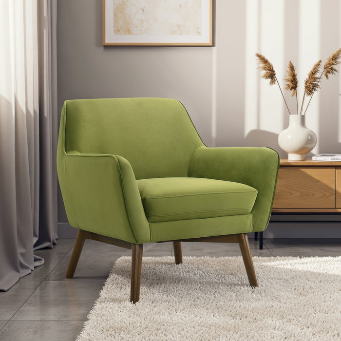 Panom MCM Lounge Chair – Boucle or Velvet Upholstered Accent Chair (Modern Mid-Century, Multi-Color Options) in green fabric.