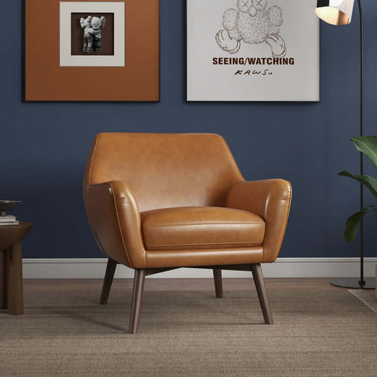 Panom MCM Tan Genuine Leather Lounge Chair in a stylish mid-century modern setting.