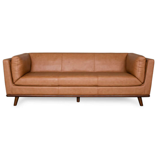 Phoenix MCM Premium Leather Sofa 86W in cognac leather with mid-century modern design.