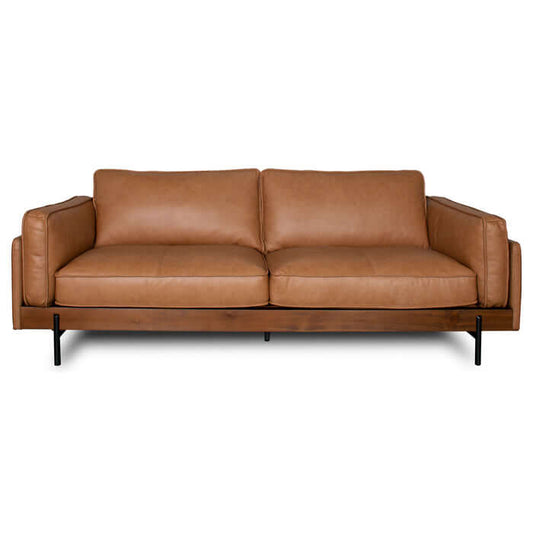 Utica MCM Premium Leather Sofa 88W in tan leather with Mid-Century Modern design and wooden frame.