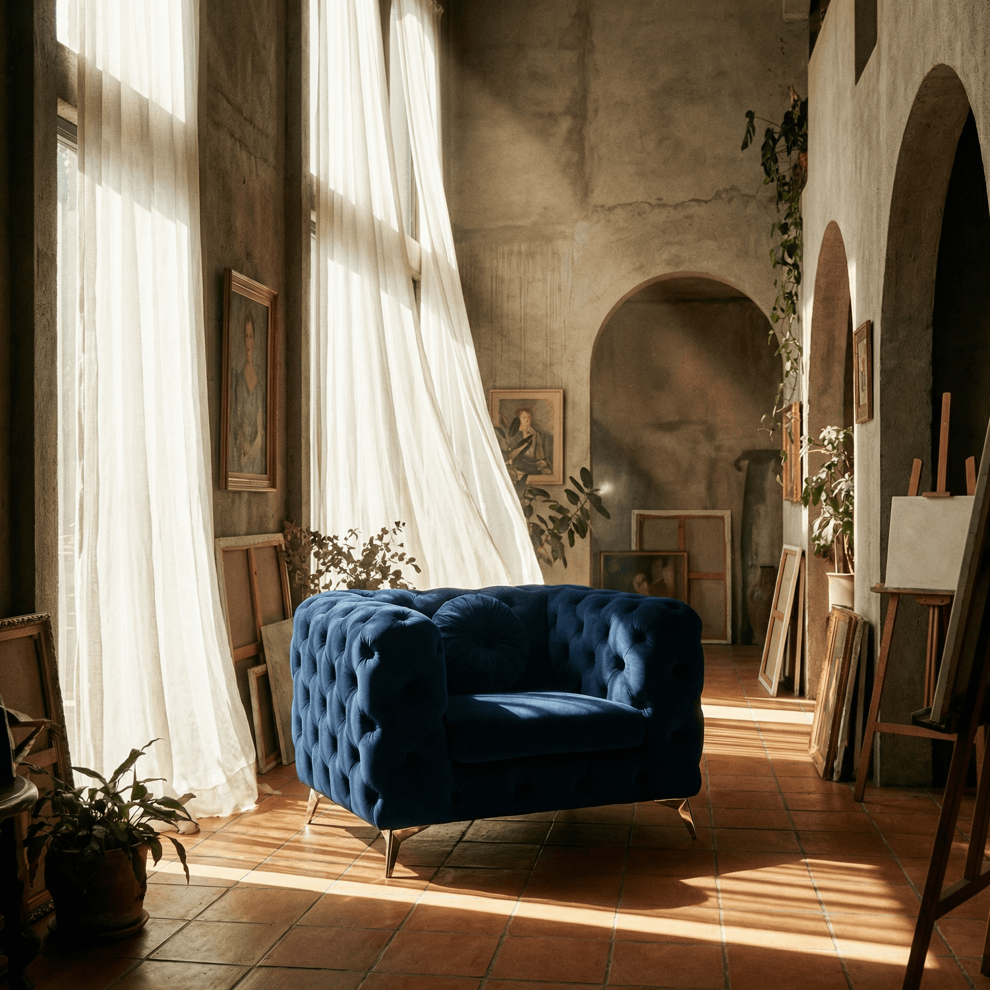 Blue Luxe Deco Tufted Velvet Armchair 41"W in a sunlit artistic space with tall curtains and vintage decor.