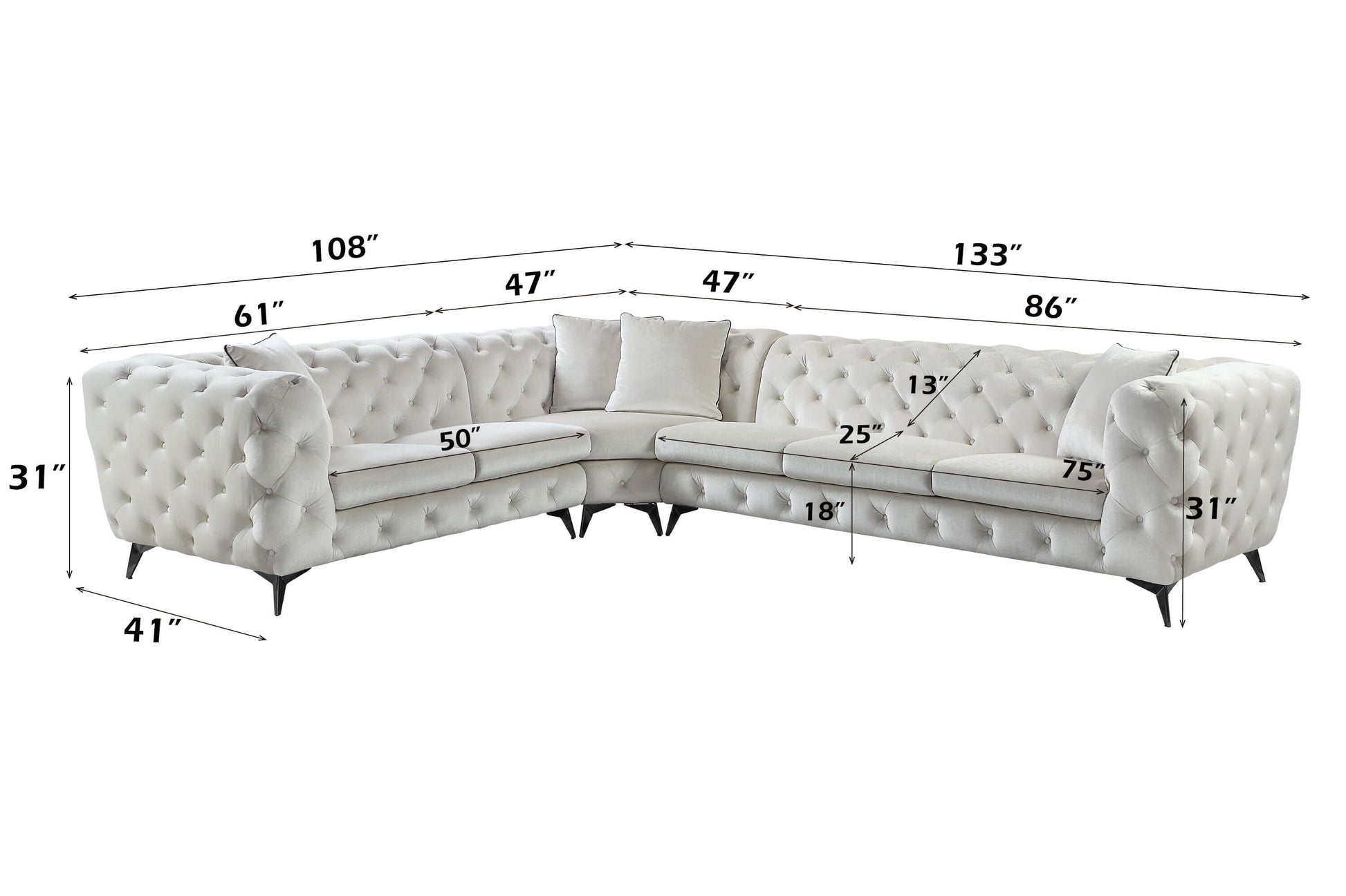 Atronia Beige Tufted Fabric Corner Sectional 133"L dimensions and design, showcasing its modern style and spacious seating.