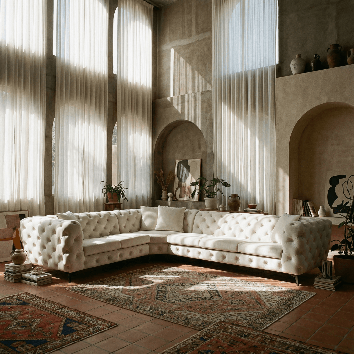 Atronia Beige Tufted Sectional Sofa 133" – Modern 5-Seat Corner Couch in stylish living room setting