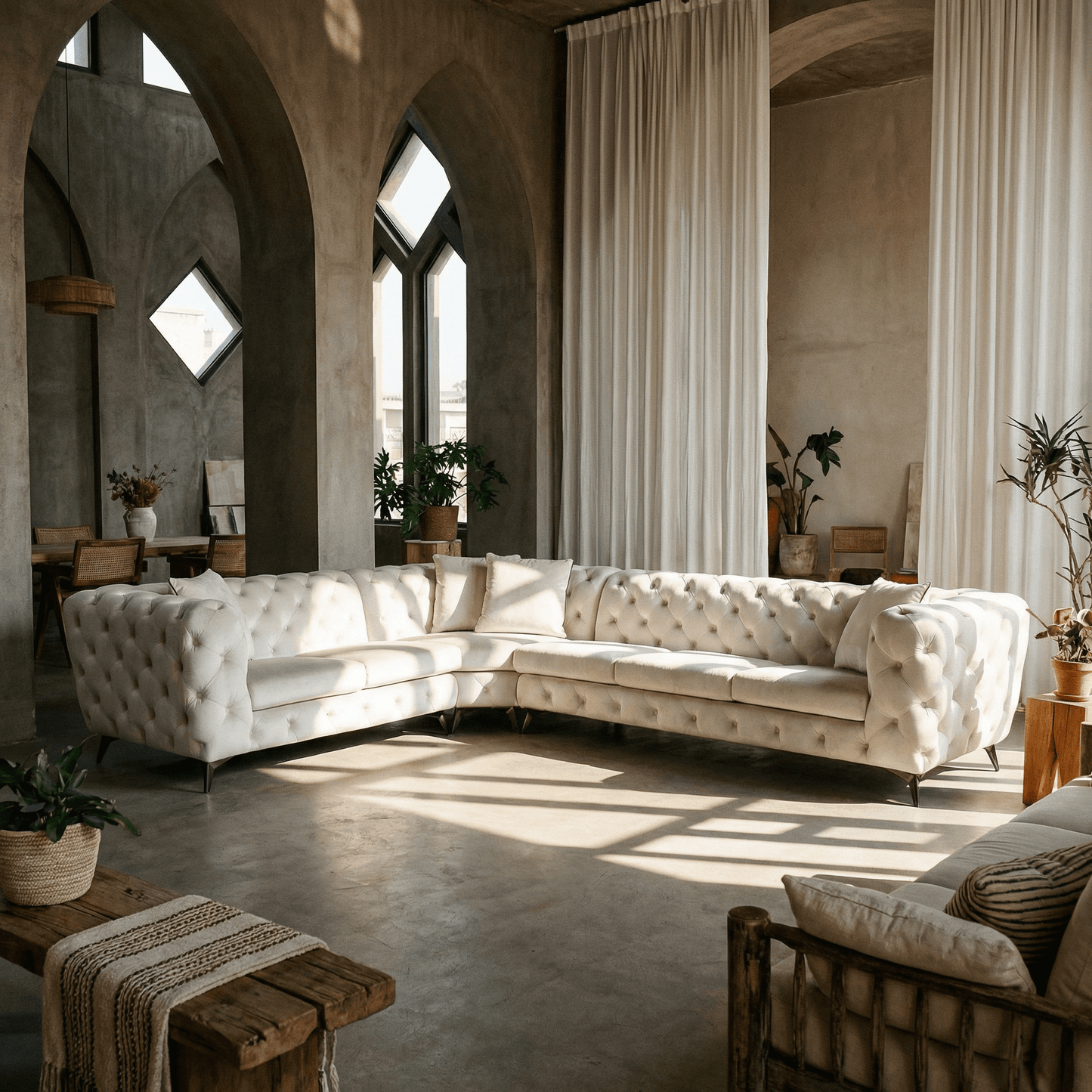 Atronia Beige Tufted Sectional Sofa 133" – Modern 5-Seat Corner Couch in a stylish living room setting.