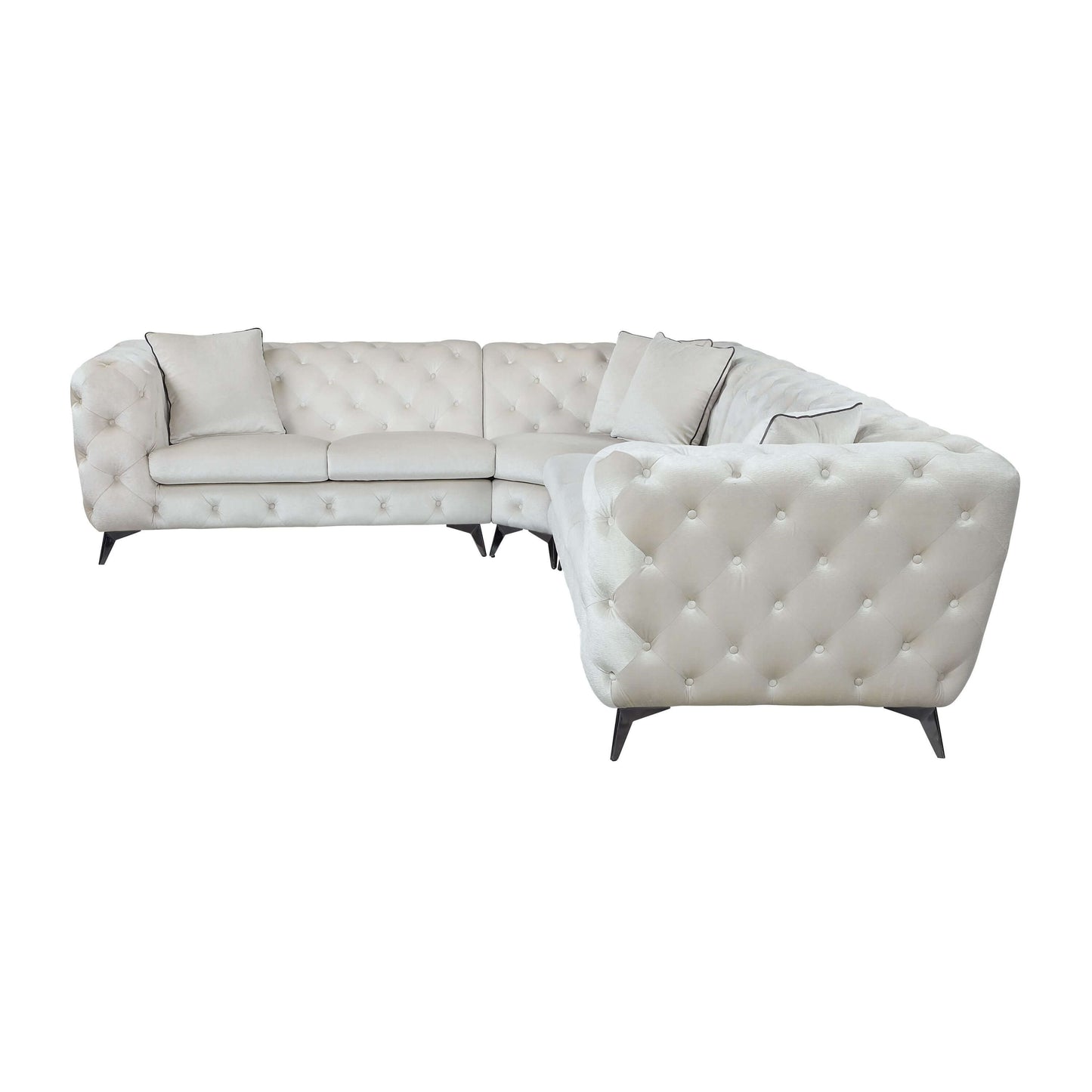 Atronia Beige Tufted Fabric Corner Sectional 133"L, modern 5-seat sectional sofa with tufted design and metal legs.