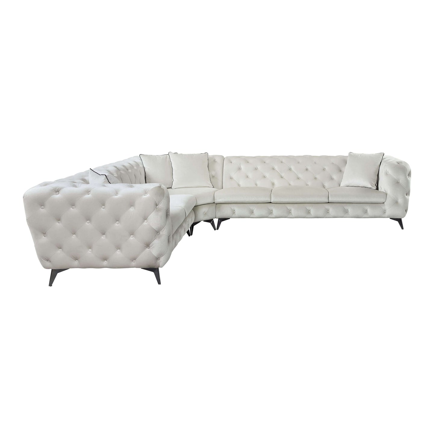 Atronia Beige Tufted Fabric Corner Sectional 133"L, modern sofa with tufted design and sleek metal legs.