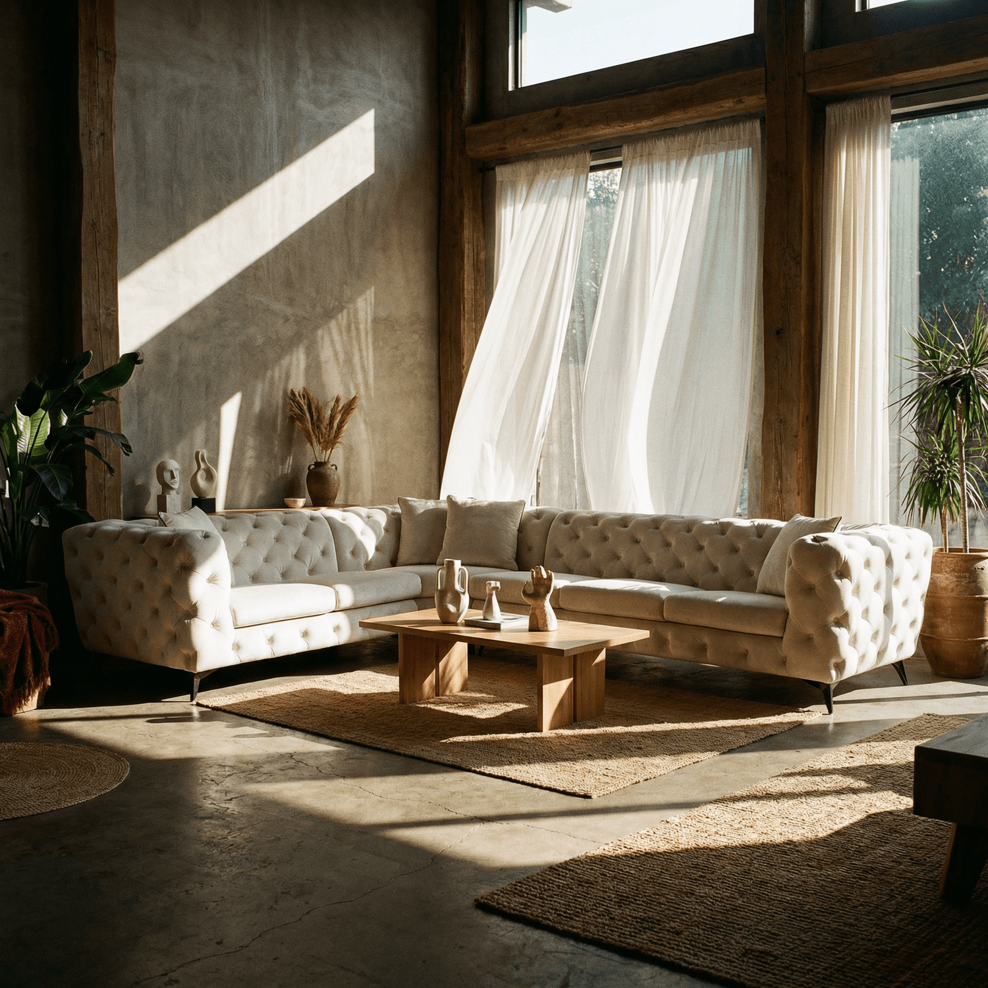 Atronia Beige Tufted Sectional Sofa 133" – Modern 5-Seat Corner Couch in a stylish living room setting.