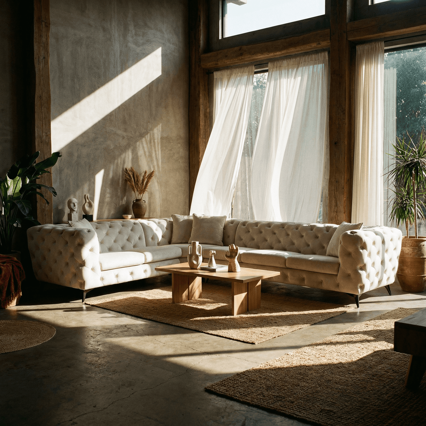 Atronia Beige Tufted Sectional Sofa 133" – Modern 5-Seat Corner Couch in a stylish living room setting.