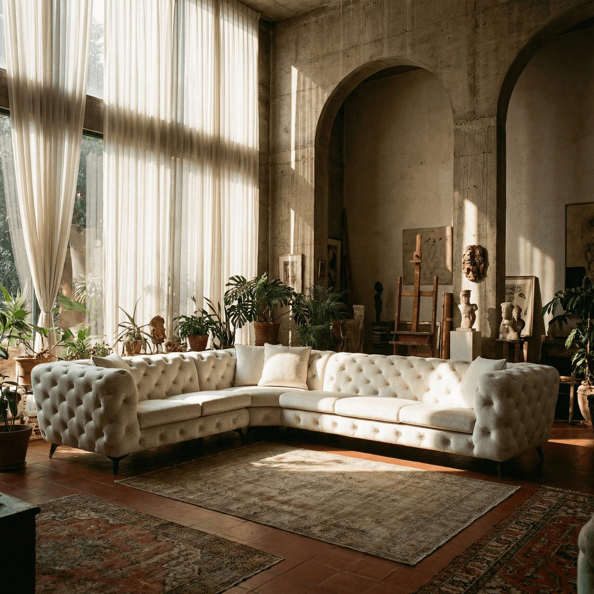 Atronia Beige Tufted Sectional Sofa 133" – Modern 5-Seat Corner Couch in a stylish living room setting.