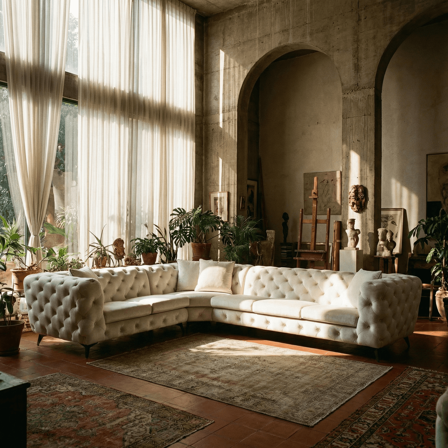 Atronia Beige Tufted Sectional Sofa 133" – Modern 5-Seat Corner Couch in a stylish living room setting.