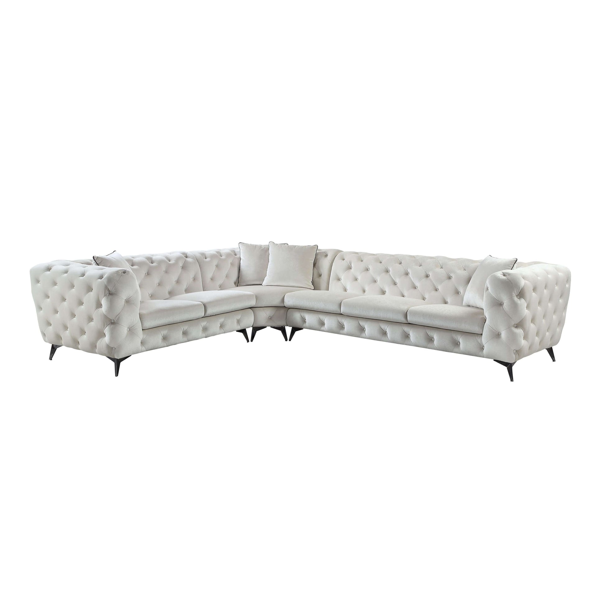 Beige Tufted Fabric Corner Sectional 133"L stylish modern sofa with tufted upholstery and sleek metal legs.
