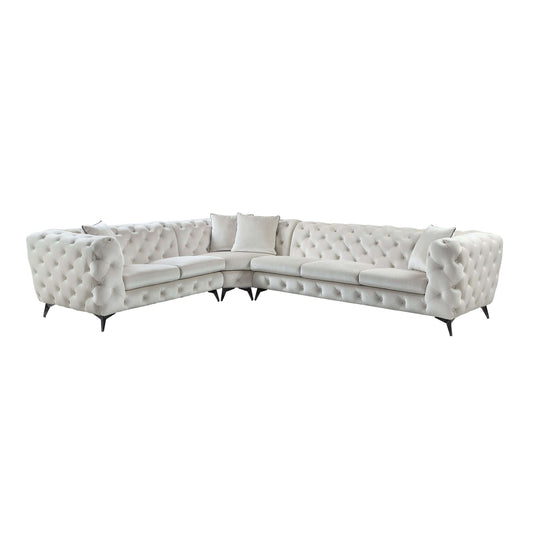 Beige Tufted Fabric Corner Sectional 133"L stylish modern sofa with tufted upholstery and sleek metal legs.