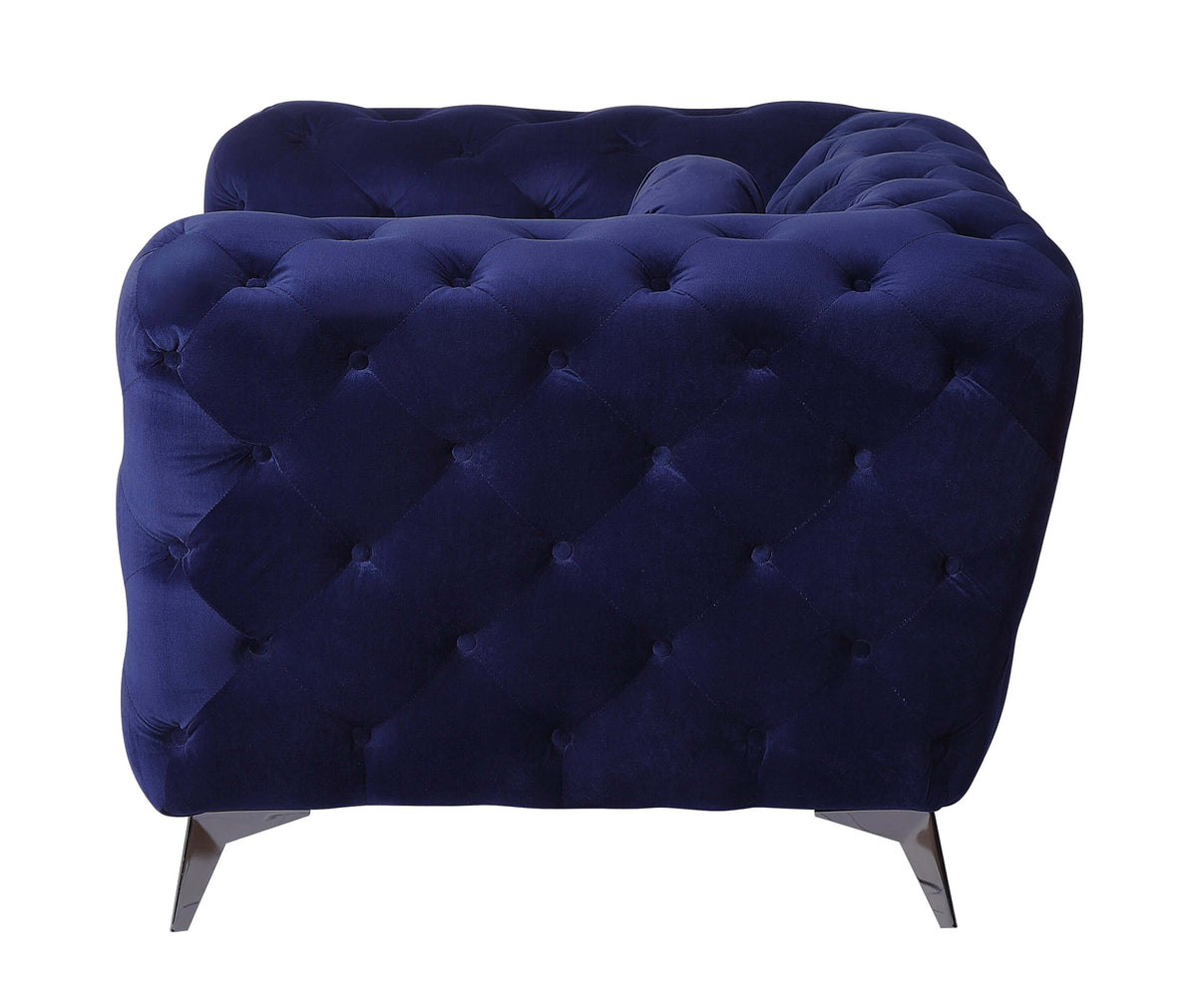 Atronia Luxe Deco Blue Velvet Sofa Loveseat 72" with dramatic tufting and high-shelter arms.