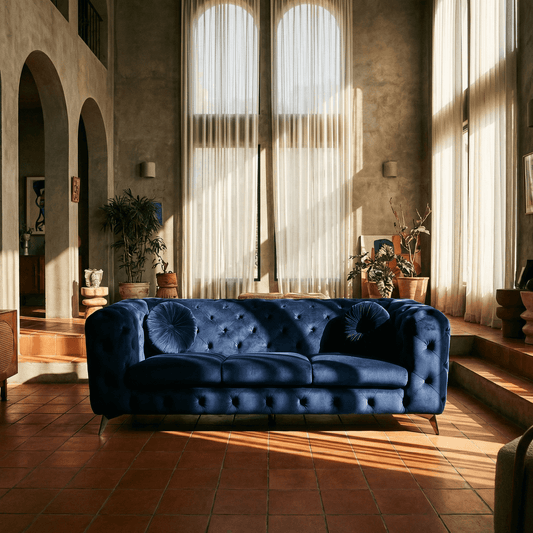 Blue Velvet Sofa Luxe Deco 90"L in a sunlit room with tall windows and stylish decor.