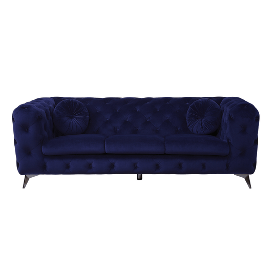 Atronia Luxe Deco Blue Velvet Sofa 90" in rich sapphire blue color with tufted design and stylish cushions.