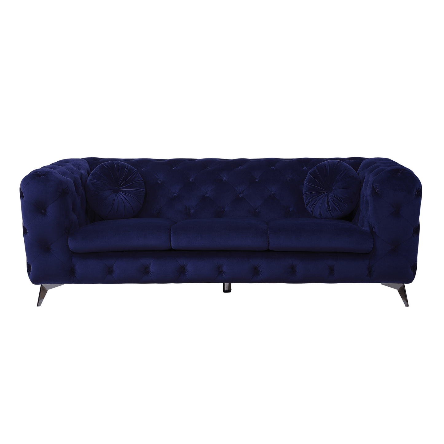 Atronia Luxe Deco Blue Velvet Sofa 90" in rich sapphire blue color with tufted design and stylish cushions.