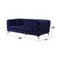 Atronia Luxe Deco Blue Velvet Sofa 90" with button tufting and plush cushions in sapphire blue.