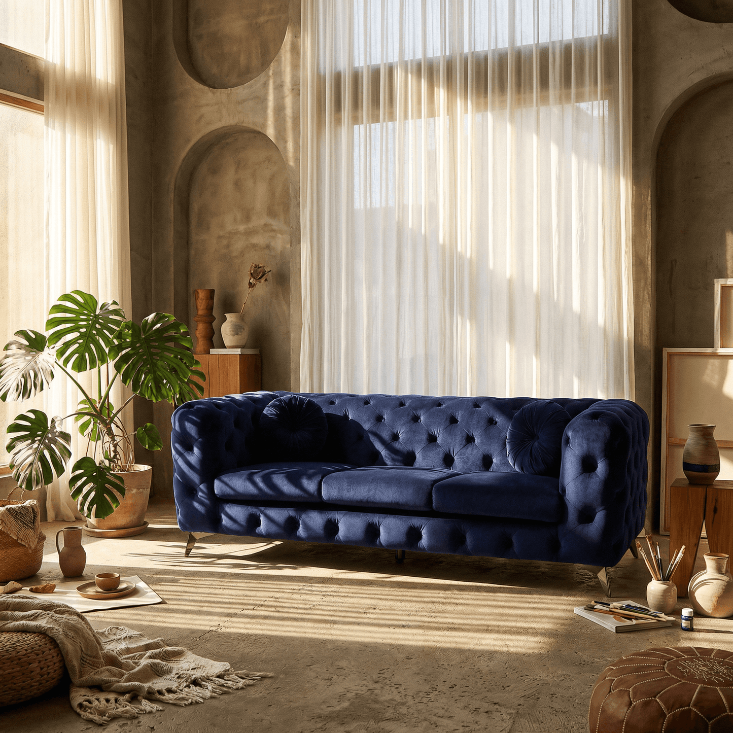Blue Velvet Sofa Luxe Deco 90"L