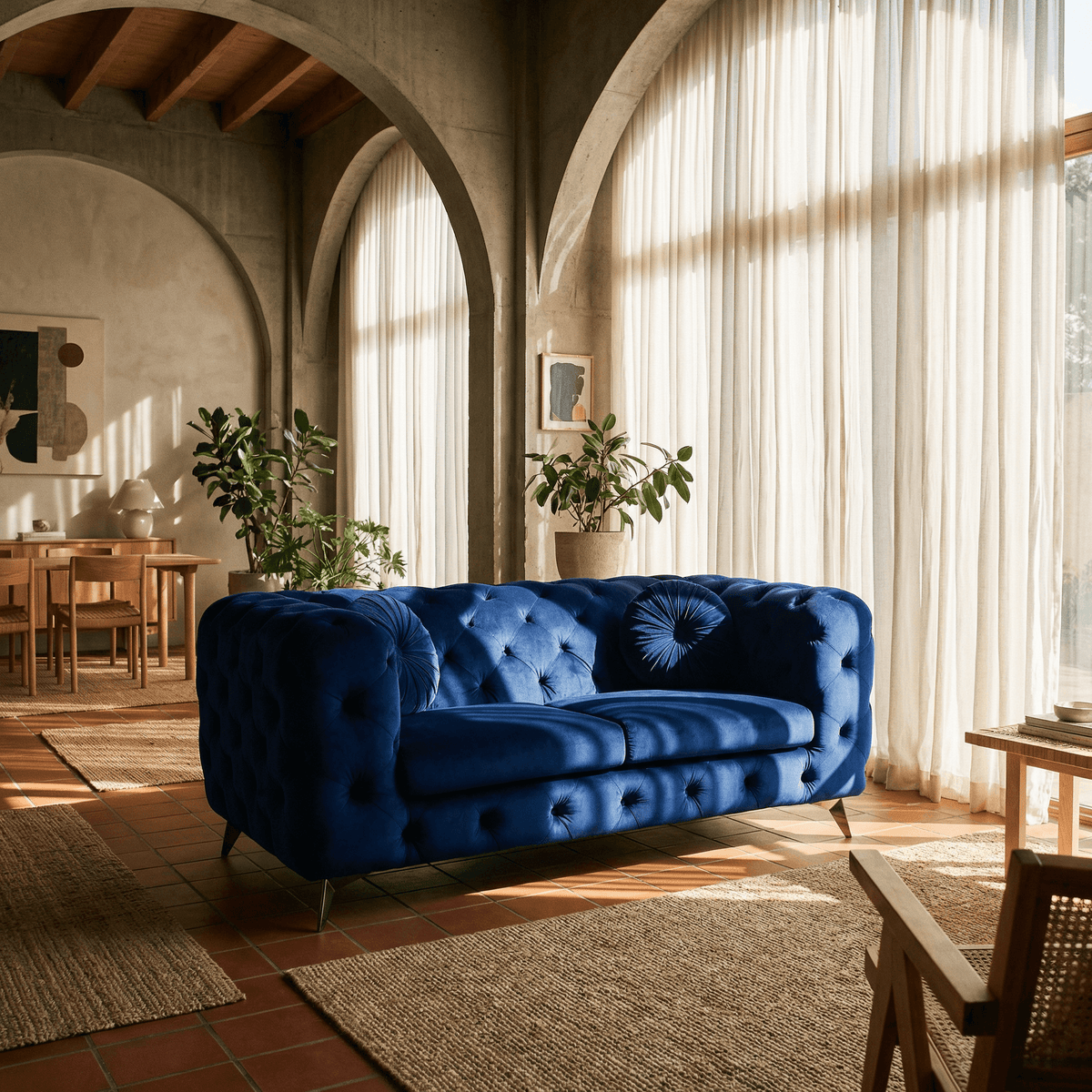 Blue Luxe Deco Velvet Sofa Loveseat 72" in a stylish living room with natural light and elegant decor.