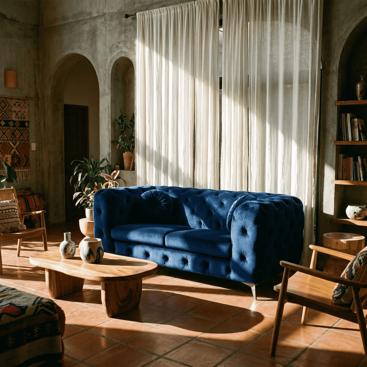 Blue Luxe Deco Velvet Sofa Loveseat 72" in a stylish living room with natural light and modern decor.