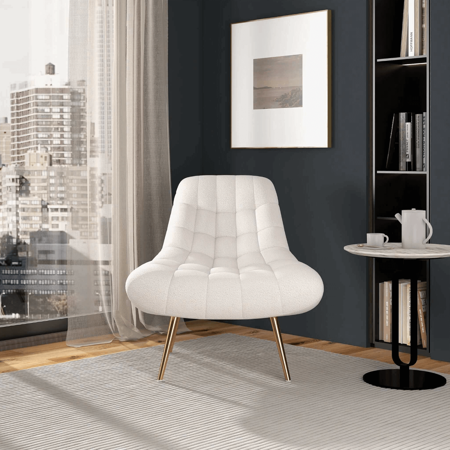 Aubrey Tufted Boucle Lounge Chair – Modern Armless Accent Chair (2 Colors) in bright room with window view.