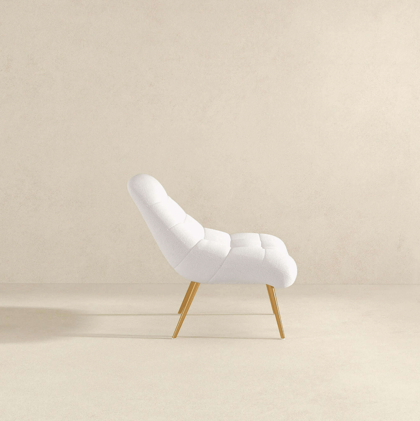 Aubrey Tufted Boucle Lounge Chair – Modern Armless Accent Chair (2 Colors) in white tufted fabric with wood legs.