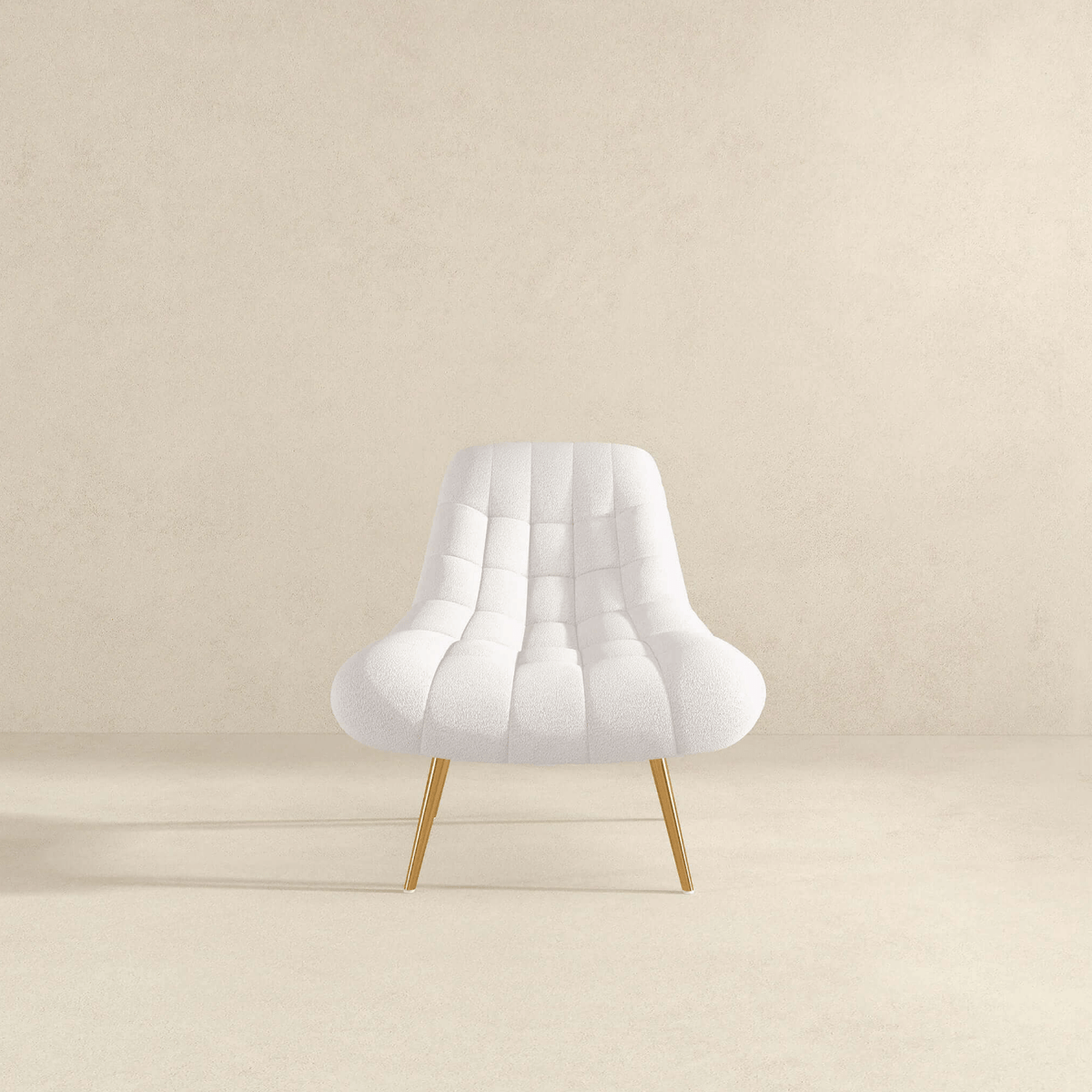 Aubrey Tufted Boucle Lounge Chair – Modern Armless Accent Chair (2 Colors) in white boucle fabric on wooden legs.