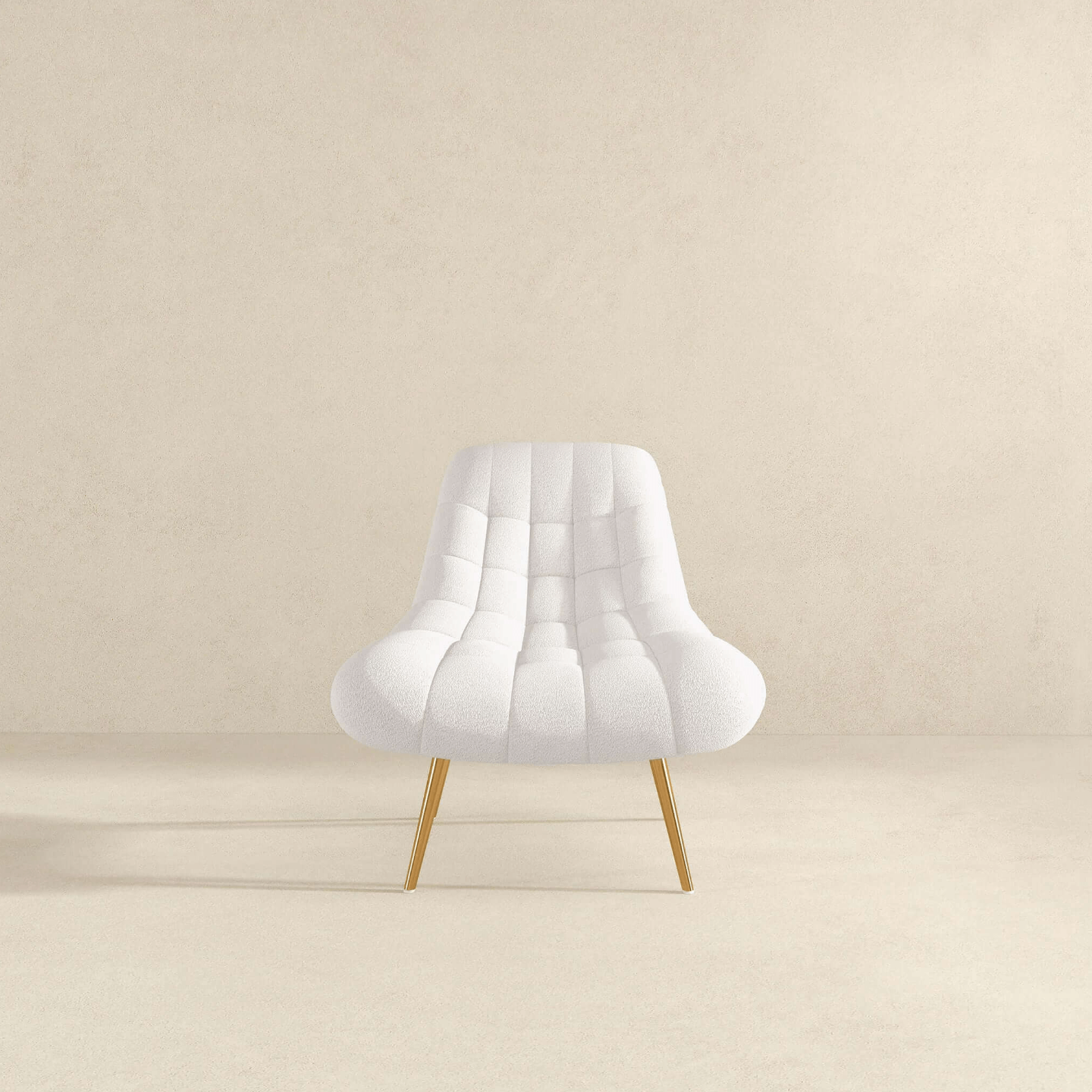 Aubrey Tufted Boucle Lounge Chair – Modern Armless Accent Chair (2 Colors) in white boucle fabric on wooden legs.