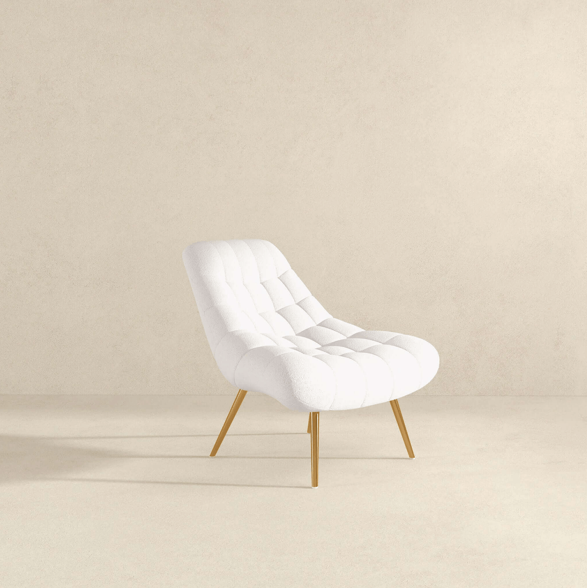 Aubrey Tufted Boucle Lounge Chair – Modern Armless Accent Chair (2 Colors) in white boucle fabric with gold legs.