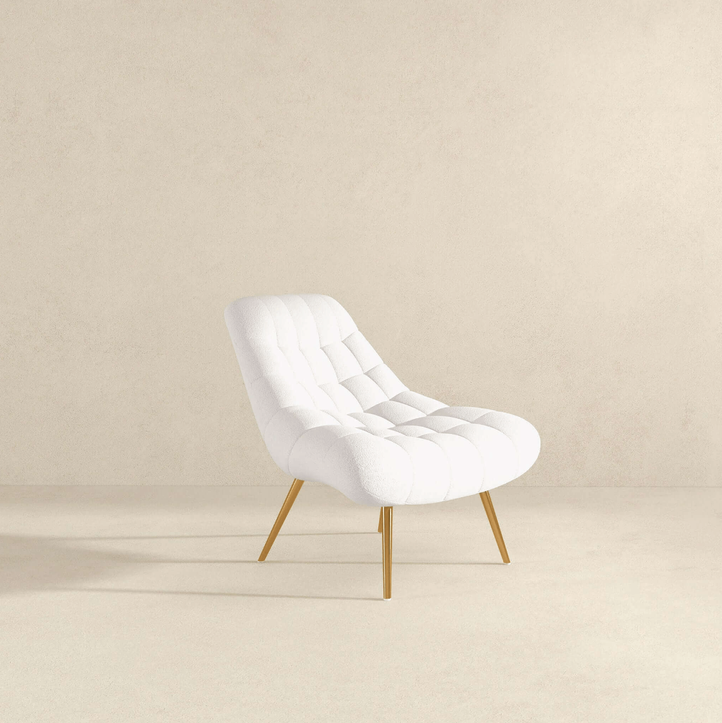 Aubrey Tufted Boucle Lounge Chair – Modern Armless Accent Chair (2 Colors) in white boucle fabric with gold legs.