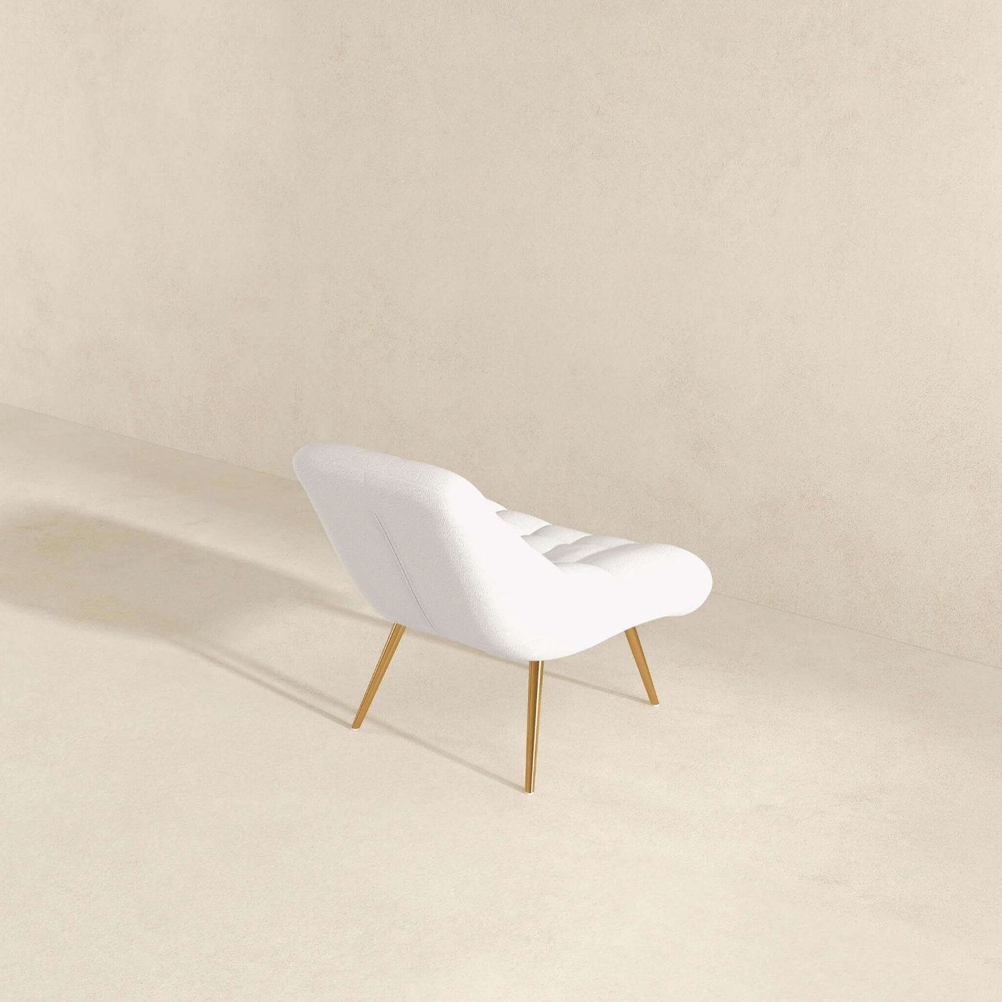 Aubrey Tufted Boucle Lounge Chair – Modern Armless Accent Chair (2 Colors) in white fabric with gold legs.
