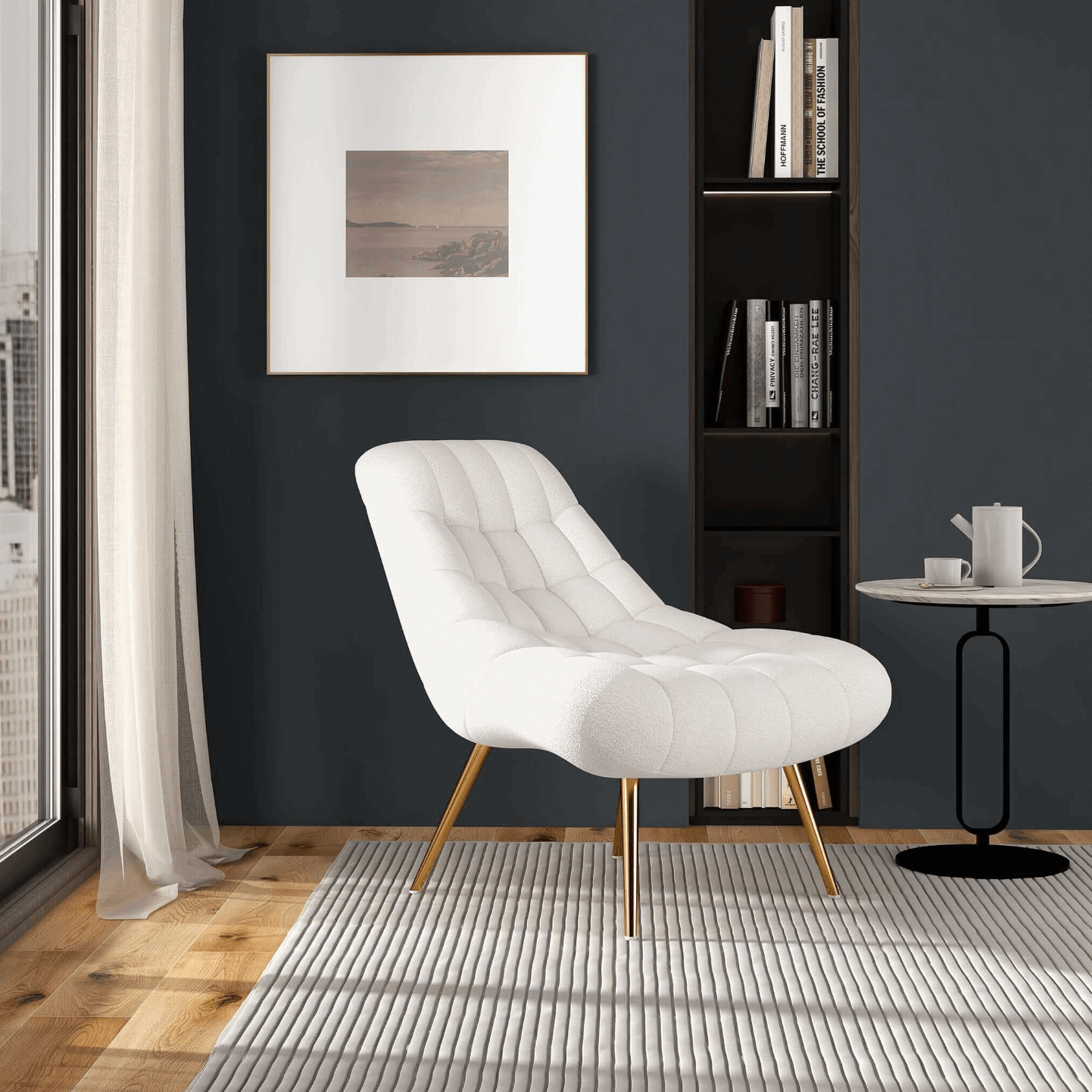 Aubrey Tufted Boucle Lounge Chair – Modern Armless Accent Chair (2 Colors) in a stylish living room setting.