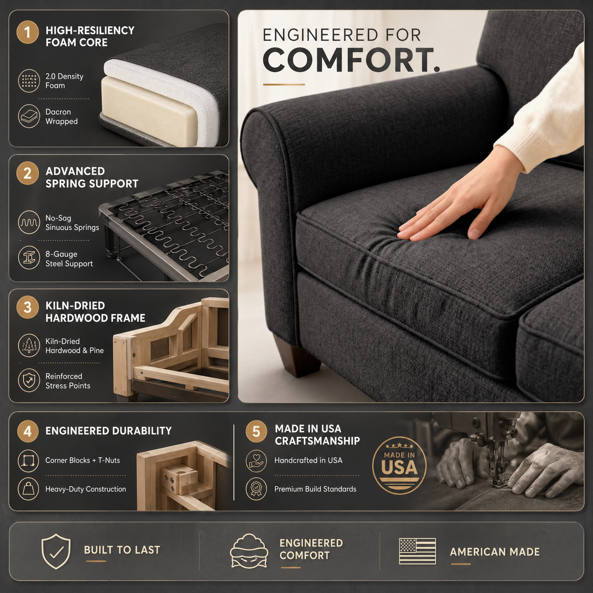 Augusta Sofa – Made in USA, Custom Fabric Options, 83" Classic Design – view 15