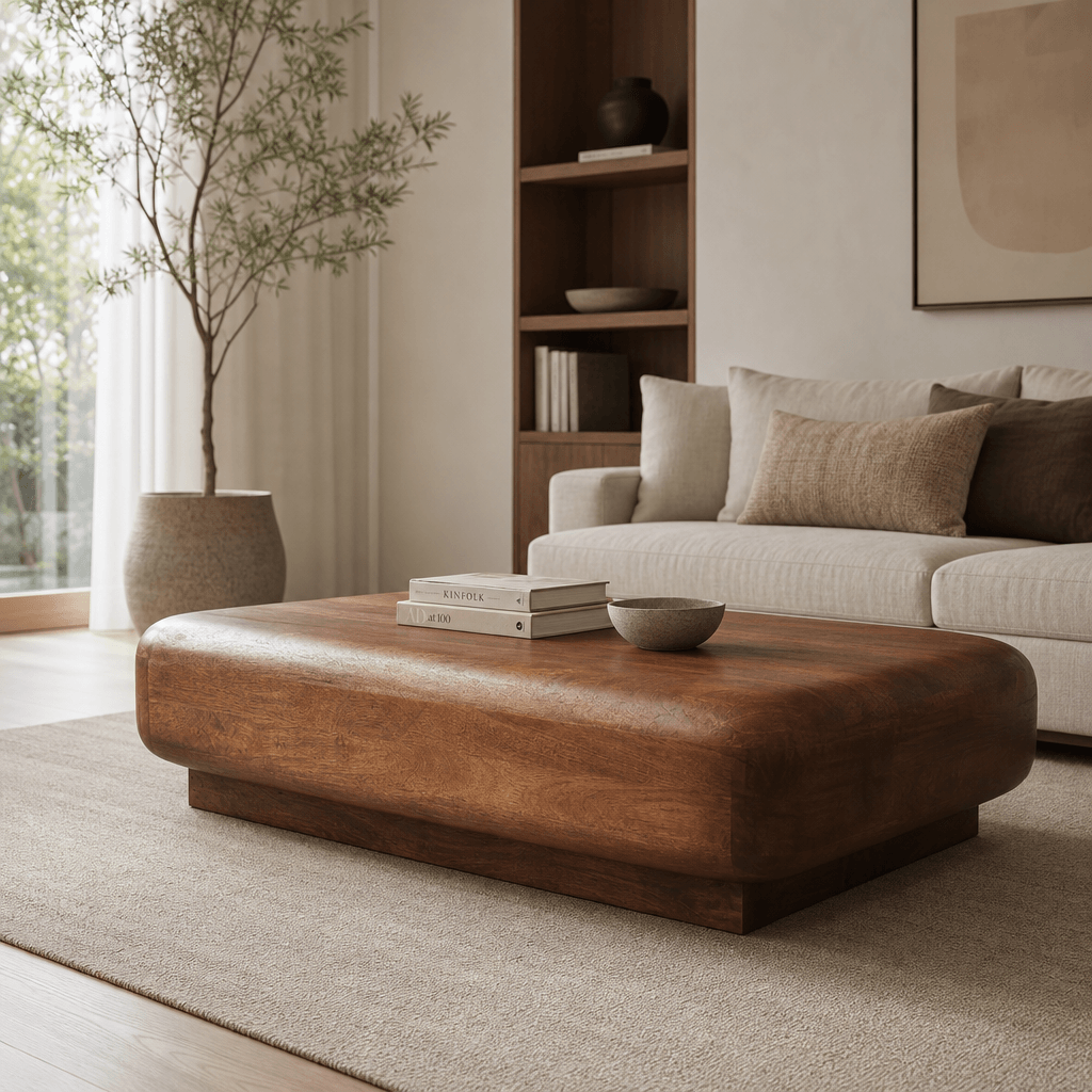 Aurelius Low Profile Round Edge Solid Wood Coffee Table (39") – Handcrafted Modern Coffee Table in stylish living room setting.