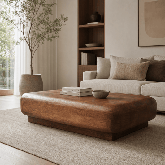 Aurelius Low Profile Round Edge Solid Wood Coffee Table (39") – in room setting