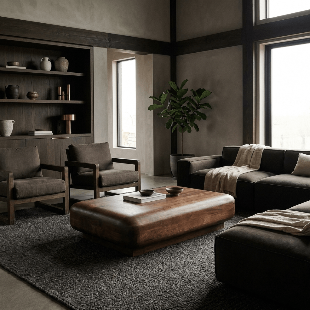 Aurelius Low Profile Round Edge Solid Wood Coffee Table (39") – Handcrafted Modern Coffee Table in a contemporary living room.