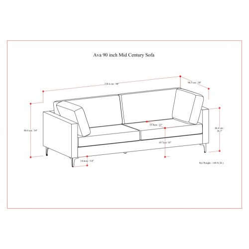 Ava MCM Performance Fabric Sofa 90" – Modern Eco-Friendly 3-Seat Couch (2 Colors) dimensions and design blueprint.