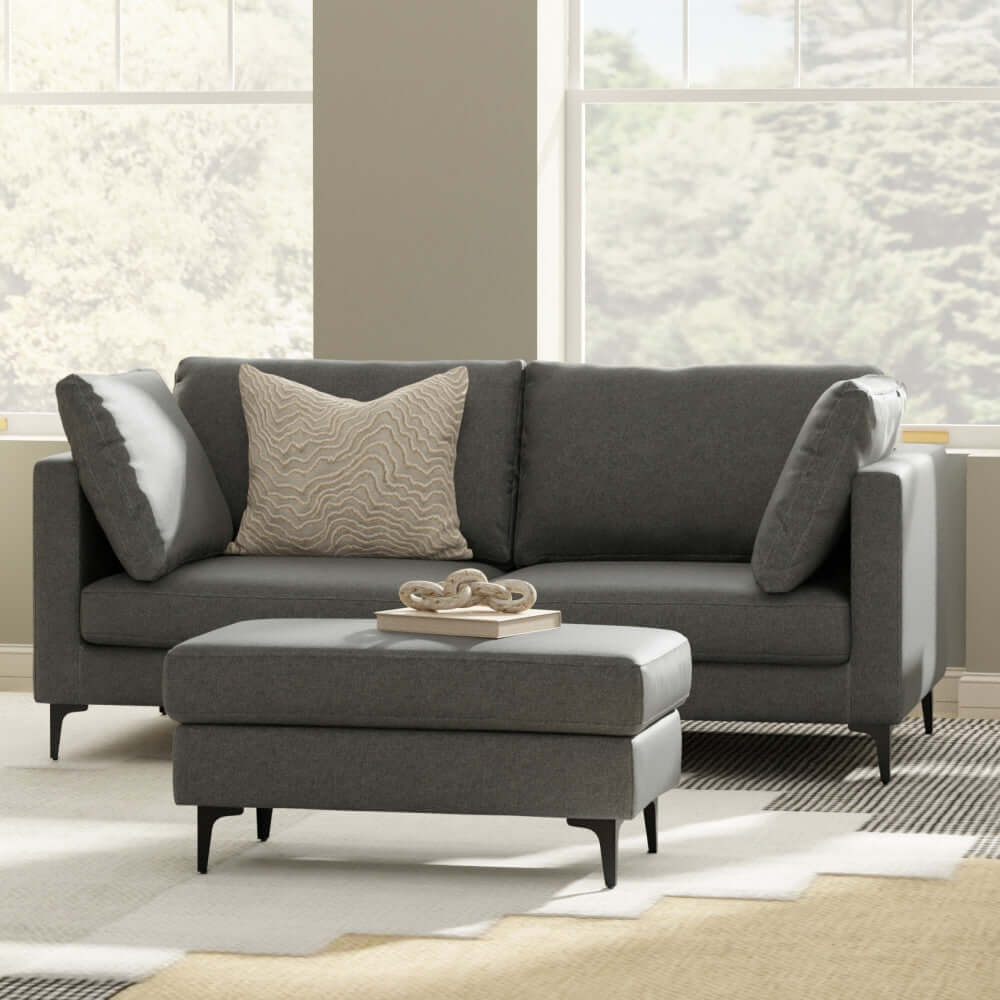 Ava MCM Performance Fabric Loveseat 76" – Modern Eco-Friendly Sofa (2 Colors) in grey with matching ottoman.