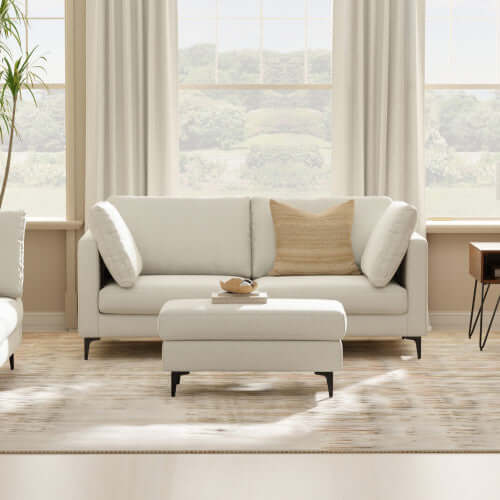 Ava MCM Performance Fabric Loveseat 76" – Modern Eco-Friendly Sofa (2 Colors) in a bright living room setting.