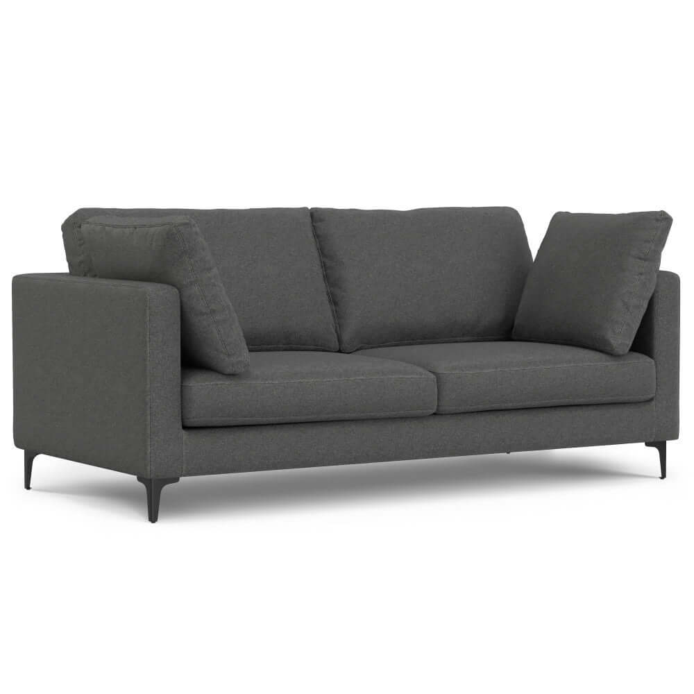 Ava MCM Performance Fabric Loveseat 76" – Modern Eco-Friendly Sofa (2 Colors) in gray fabric with two cushions.