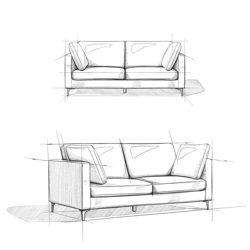Ava MCM Performance Fabric Loveseat 76" – Modern Eco-Friendly Sofa (2 Colors) design sketches showcasing mid-century style.
