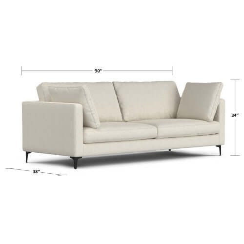Ava MCM Performance Fabric Sofa 90" – Modern Eco-Friendly 3-Seat Couch (2 Colors) in a neutral tone with dimensions.