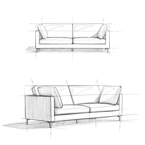 Ava MCM Performance Fabric Sofa 90" – Modern Eco-Friendly 3-Seat Couch (2 Colors) sketch designs.