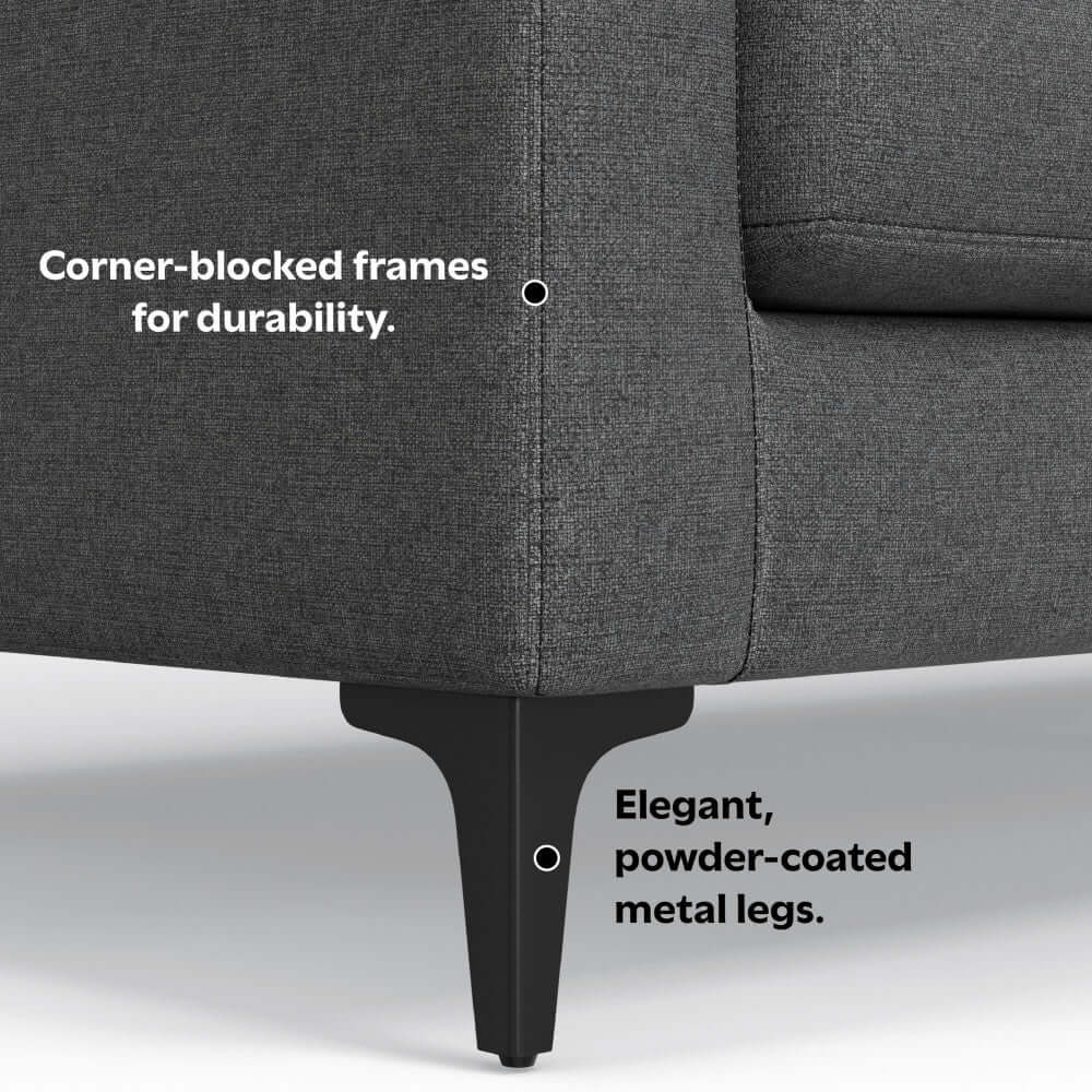 Ava MCM Performance Fabric Sofa 90" – Modern Eco-Friendly 3-Seat Couch (2 Colors) detailing corner-blocked frames and metal legs.