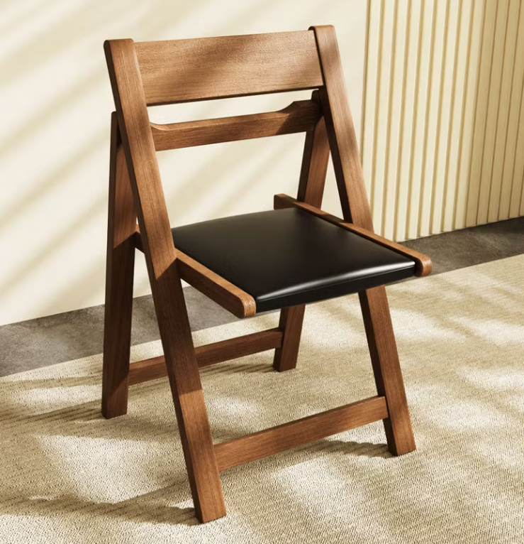 Renwick Walnut Folding Dining Chair – Black Faux Leather Seat Wood Chair (Set of 4)