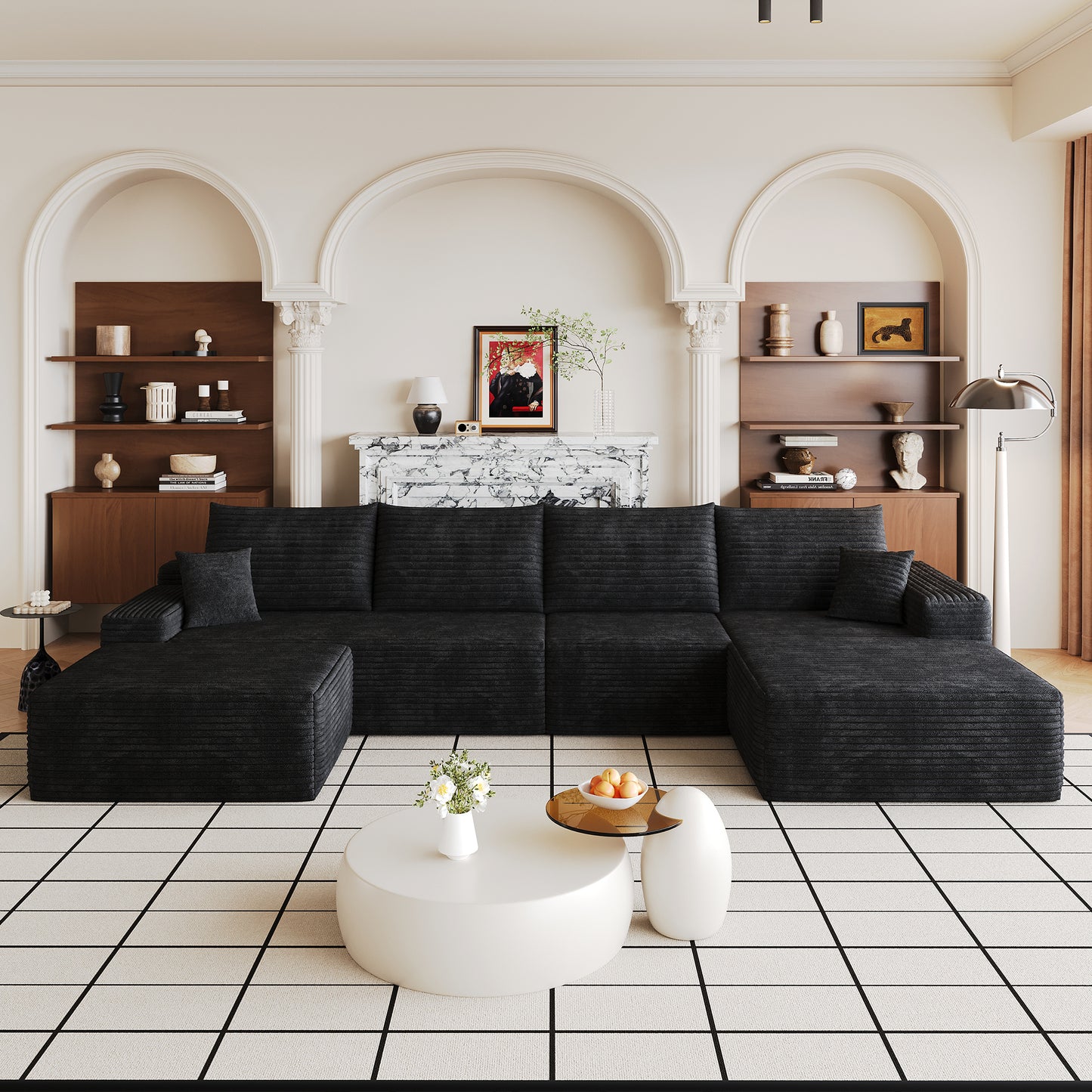 Faelan Corduroy U-Shaped Sectional Sofa – 135" Deep Seat Corner Sofa with Ottoman