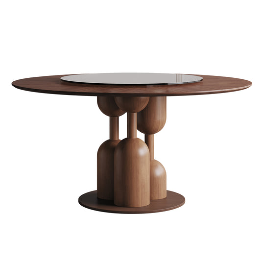 Natural Oak Wabi-Sabi Round Dining Table 59-inch with 35-inch Tempered Glass Lazy Susan