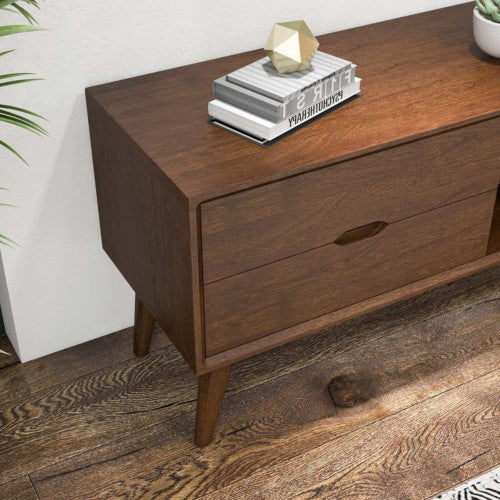Adrian MCM Solid Wood Media Console TV Stand – 71” Walnut Entertainment Center (Fits Up to 72” TVs) with storage drawers.