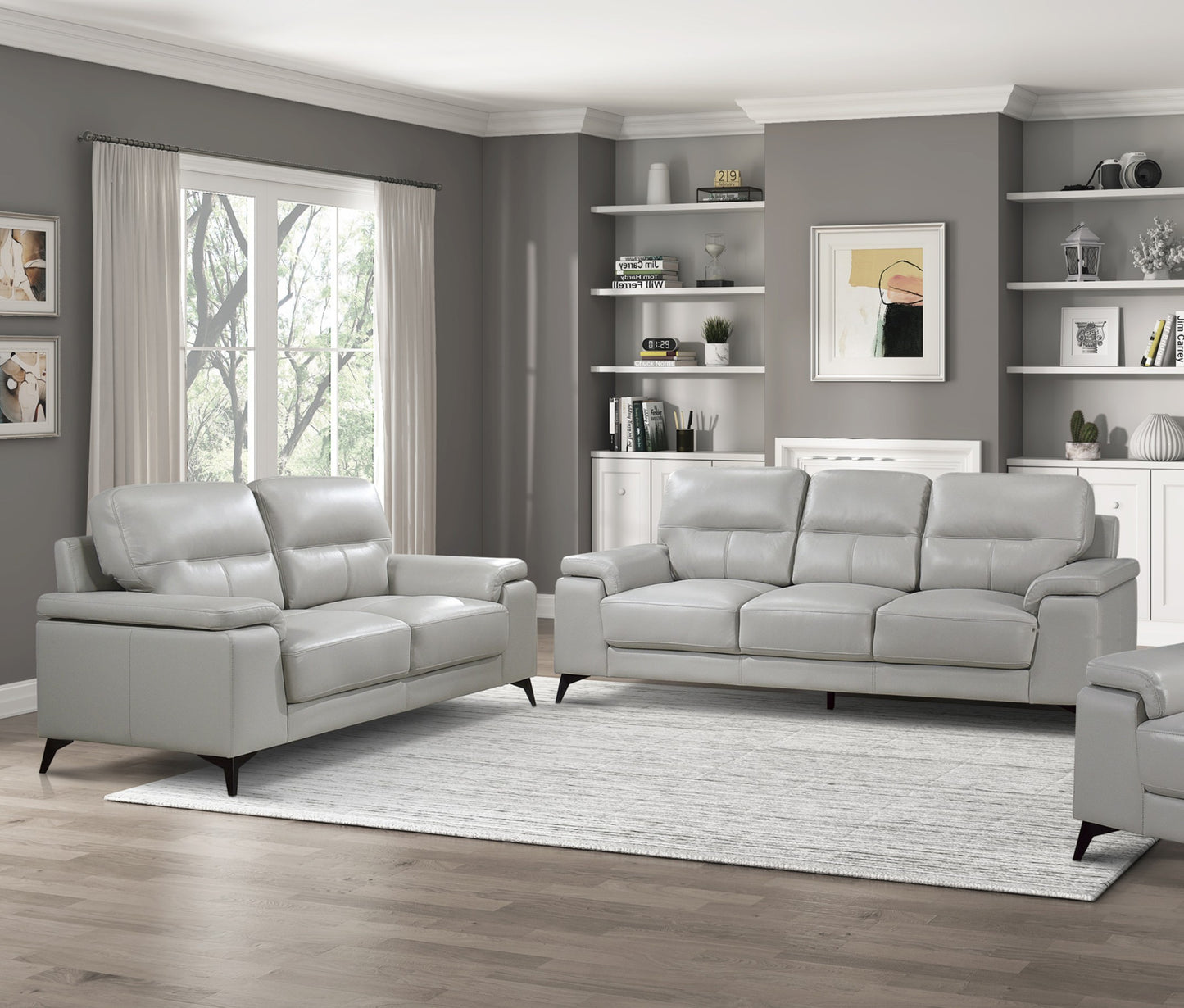 Mischa Silver Gray Leather Sofa and Loveseat Set – 88.75" Sofa & 66.75" Loveseat with Pillow-Top Arms